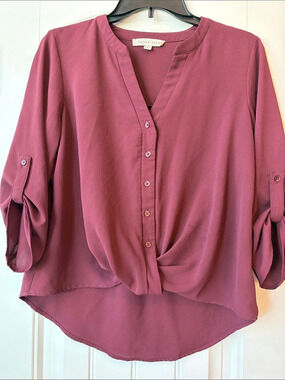 Olive + Oak Button Front Button Blouse Burgundy Medium
